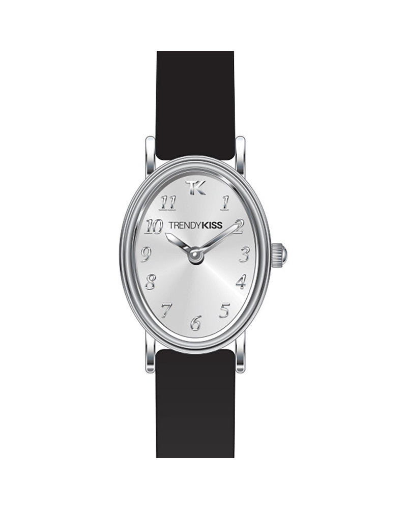 TrendyKiss Charlie Montre Femme Analogique Boitier Ovale Métal Argenté Cuir Noir