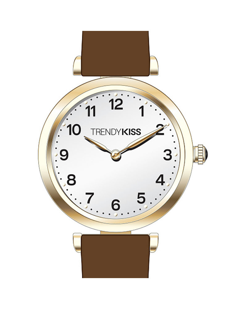 TrendyKiss Héméra Montre Femme Boîtier Rond Doré Cuir Marron Quartz Aiguilles