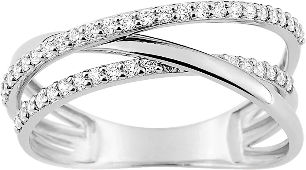 Bague or blanc 375/1000 forme croisée 2 rangs d'oxydes de zirconium