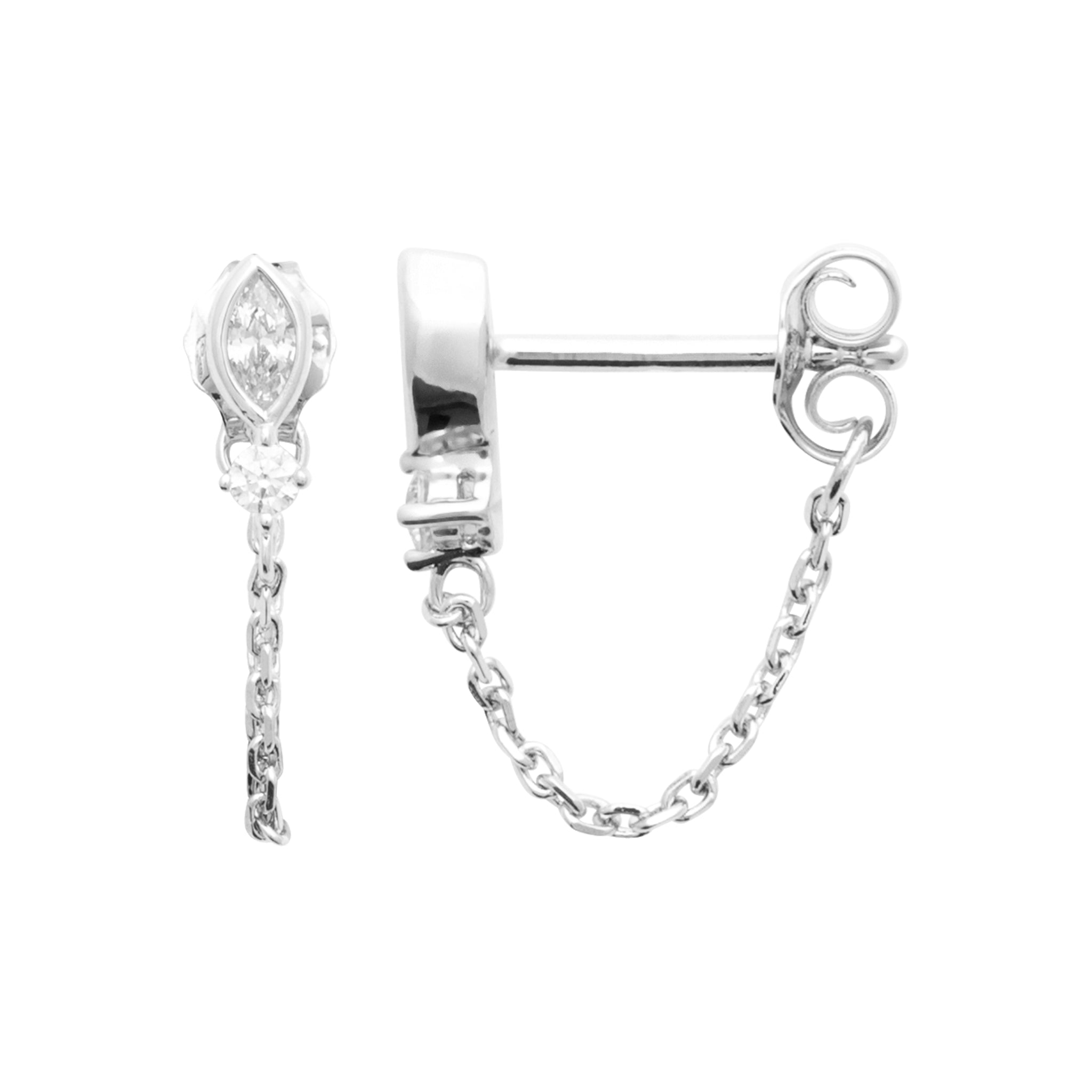 Boucles d'oreilles en argernt rhodié avec chainettes et OZ forme navette