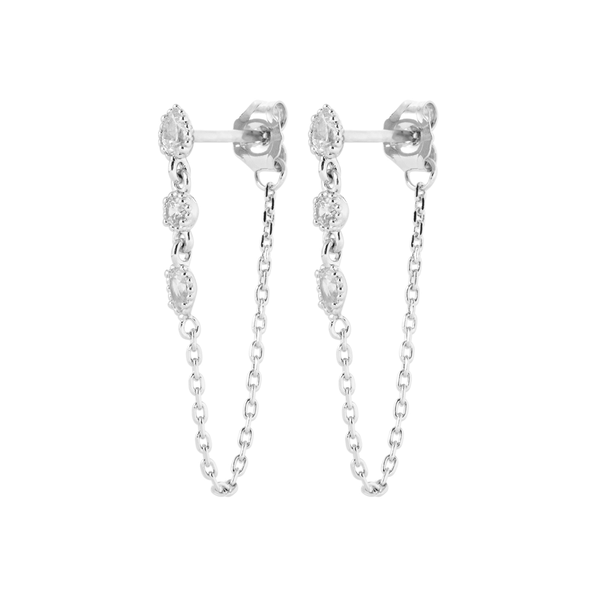Boucles d'oreilles en argent rhodié avec chainettes devant/derrière et 3 OZ