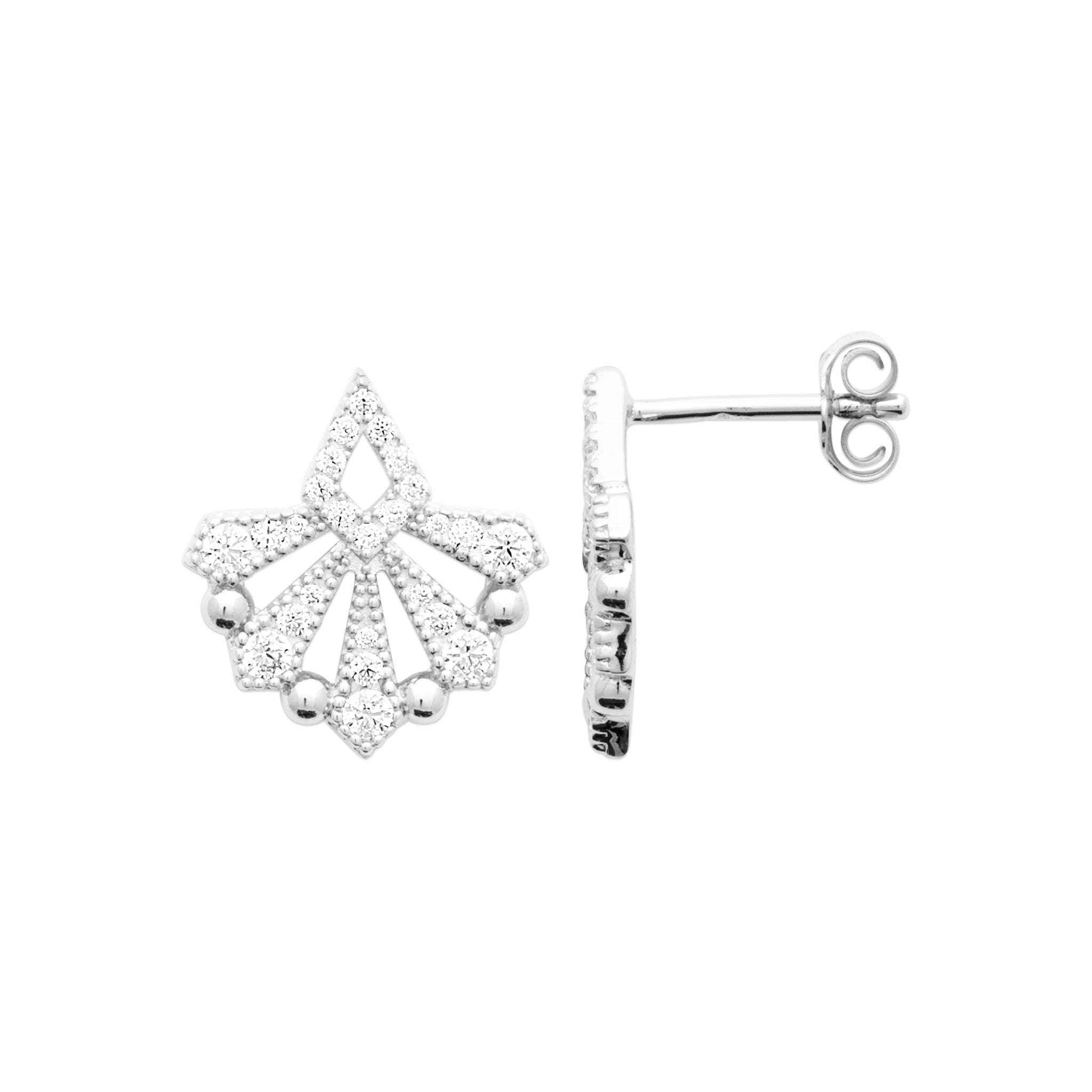Boucles D Oreilles Argent Rhodié Forme Éventail Avec Oxydes