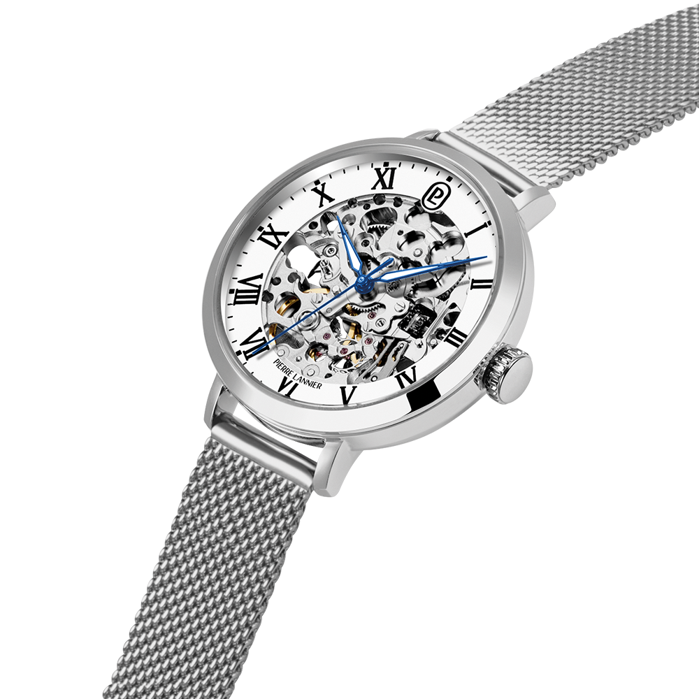 Montre Automatique Argentée Cadran Blanc Bracelet Milanais Acier Argenté 14 Mm