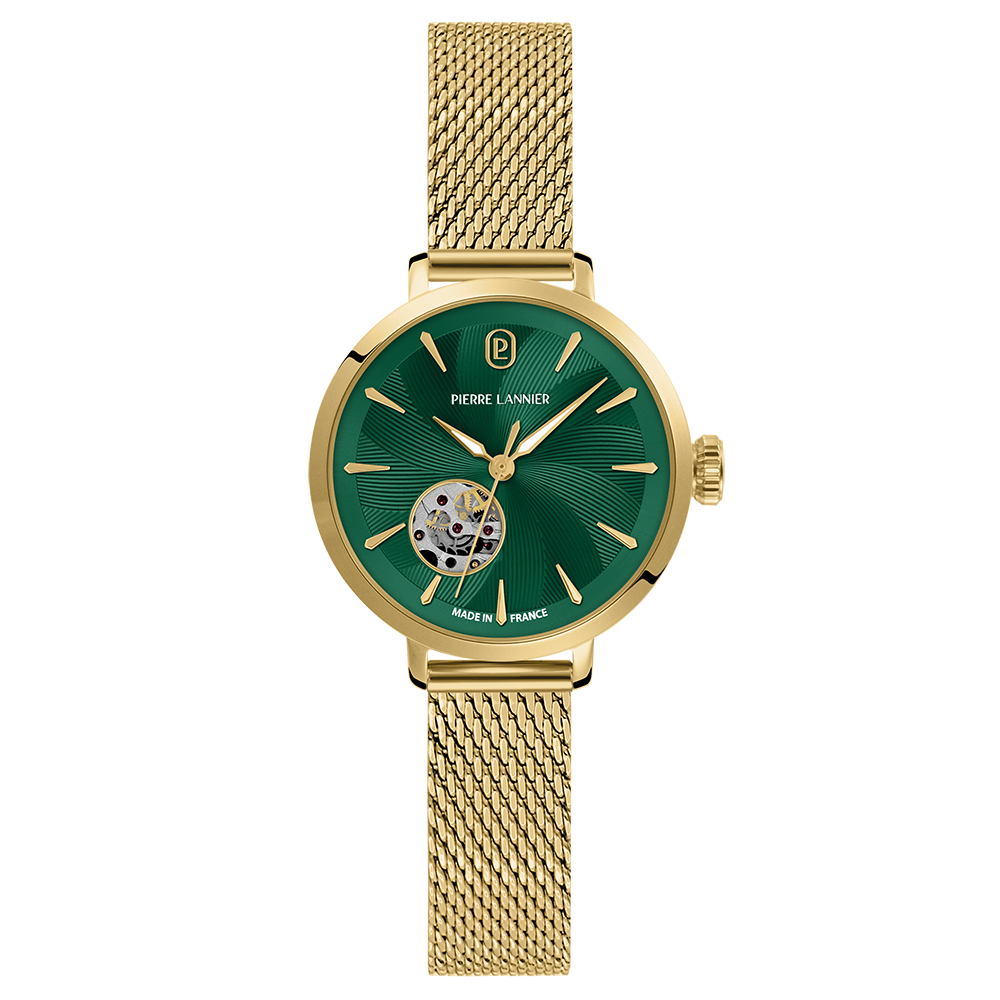 Montre Automatique Femme SOLINE Doré Cadran Vert Bracelet Acier Milanais 12 Mm