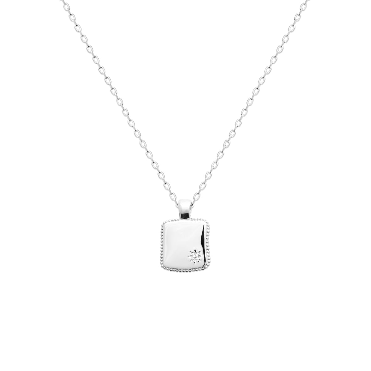 Pendentif à graver en argent rhodié carré avec OZ, bords perlés