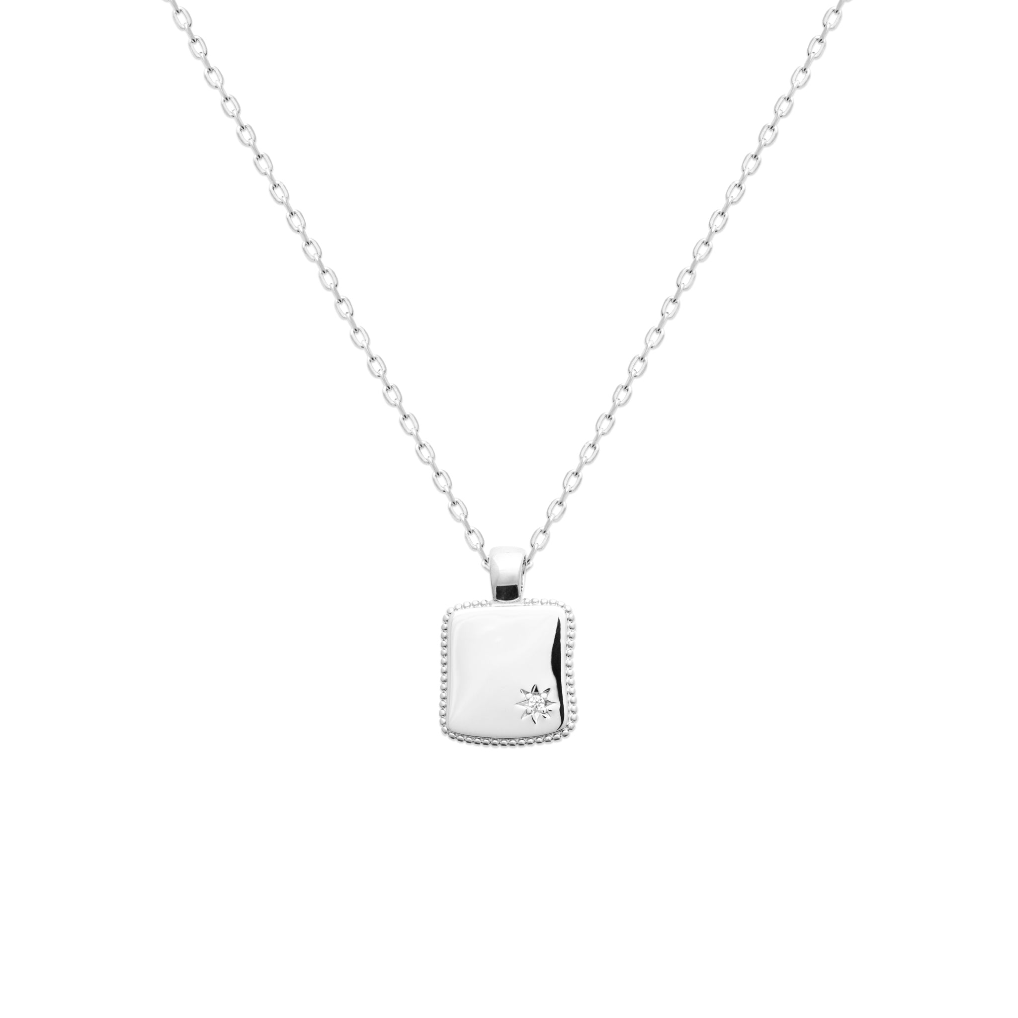 Pendentif à graver en argent rhodié carré avec OZ, bords perlés