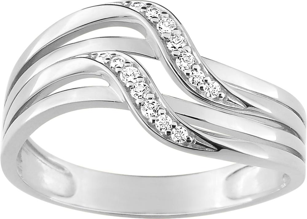Bague en or blanc 375/1000 large avec deux vagues serties d'oxydes de zirconium
