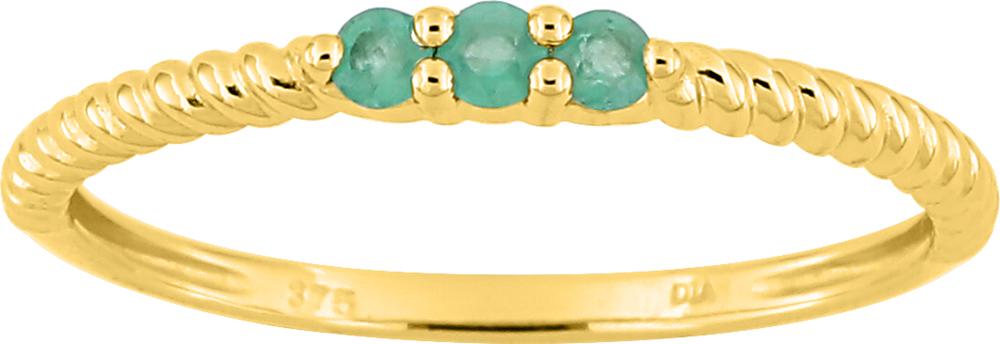 Bagyue en or jaune 375 au corps de bague tressé avec trois émeraudes ronde