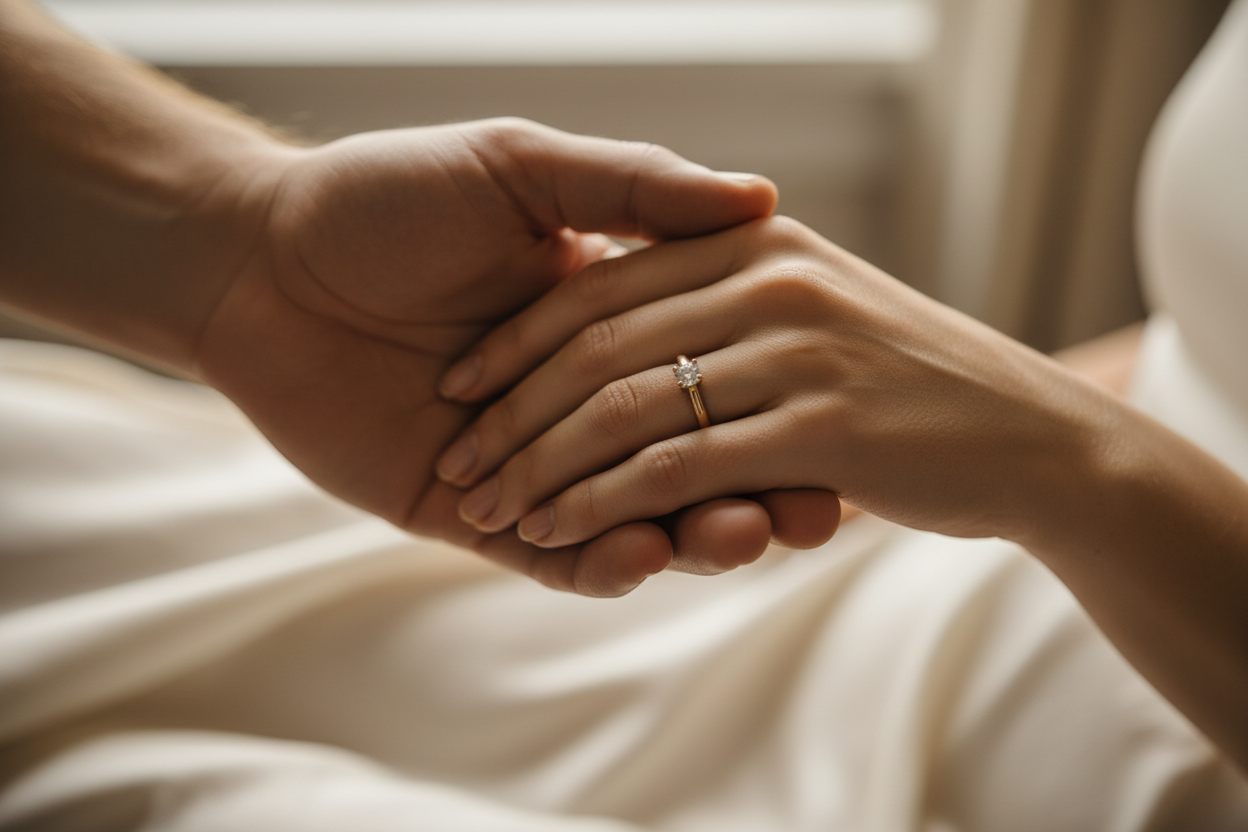 2 mains qui se tiennent, la main de l'homme par dessus celle de la femme, avec une alliance à l'annulaire.