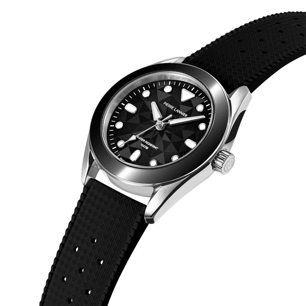 Montre Quartz Mixte BORA Argenté Cadran Noir Bracelet Caoutchouc FKM Noir 20 MM