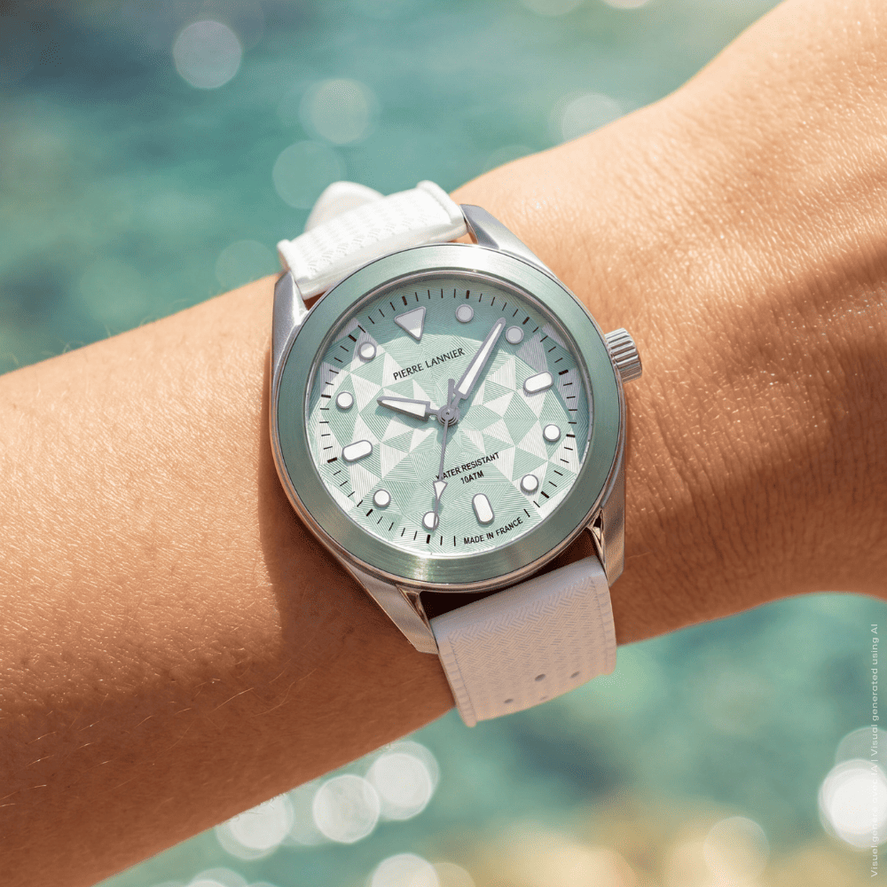 Montre Quartz Mixte BORA Argenté Cadran Vert Bracelet Caoutchouc FKM Blanc 20 MM