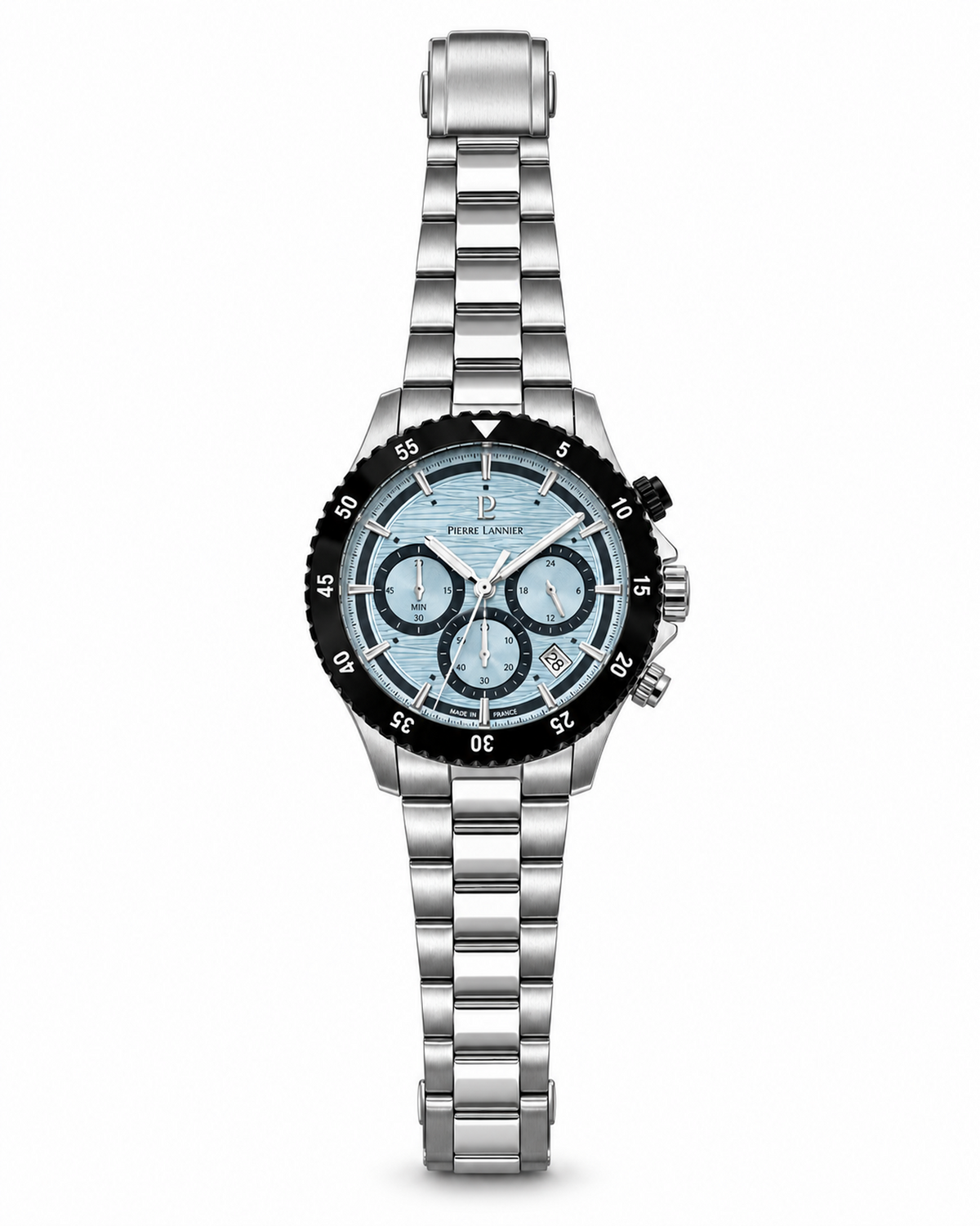 Montre Pierre Lannier Décima 211K191 cadran bleu glacier sur fond blanc