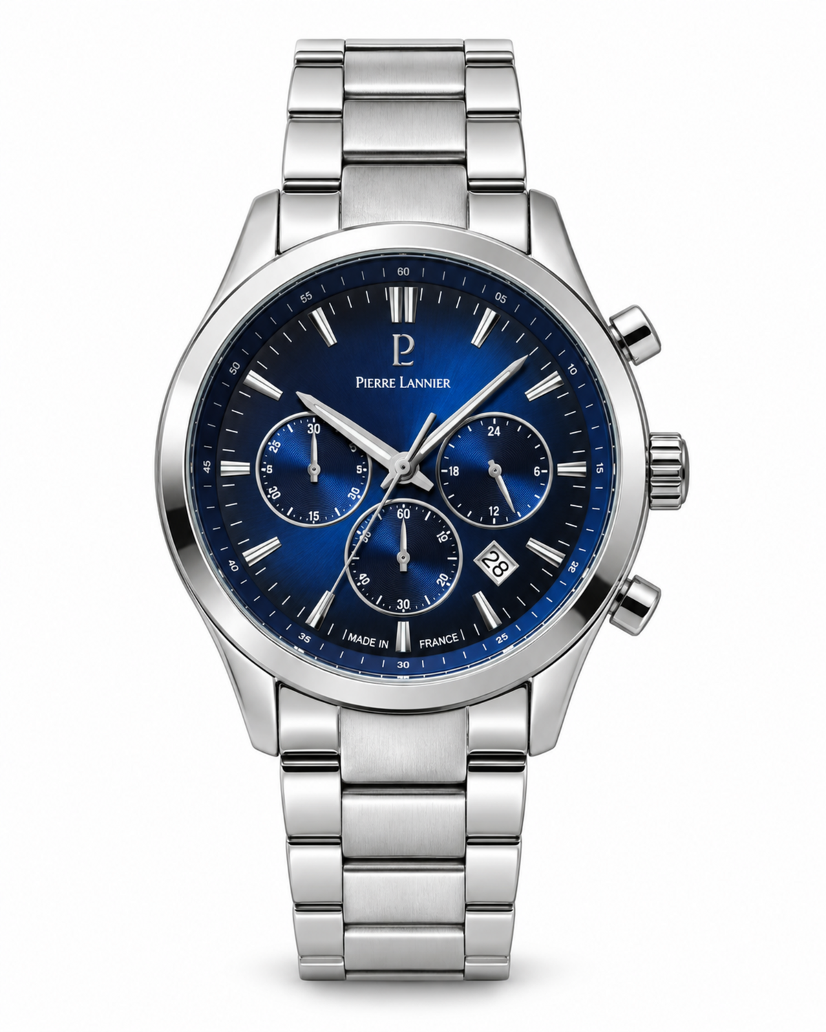 Montre homme Pierre Lannier Boulevard 221G161 cadran bleu et acier argenté sur fond blanc