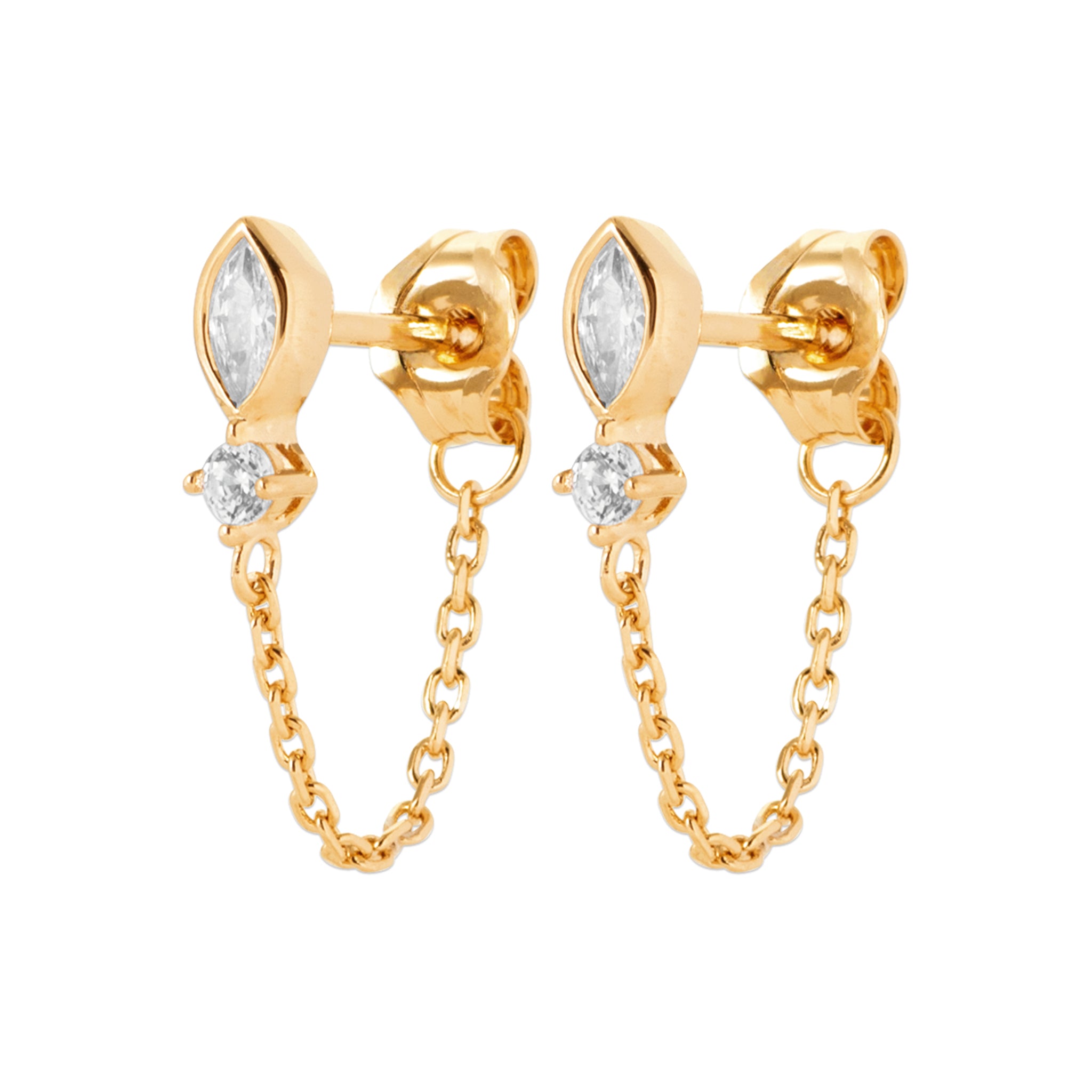 Boucles d'oreilles en plaqué or jaune avec chainettes devant/derrière et oxydes clos