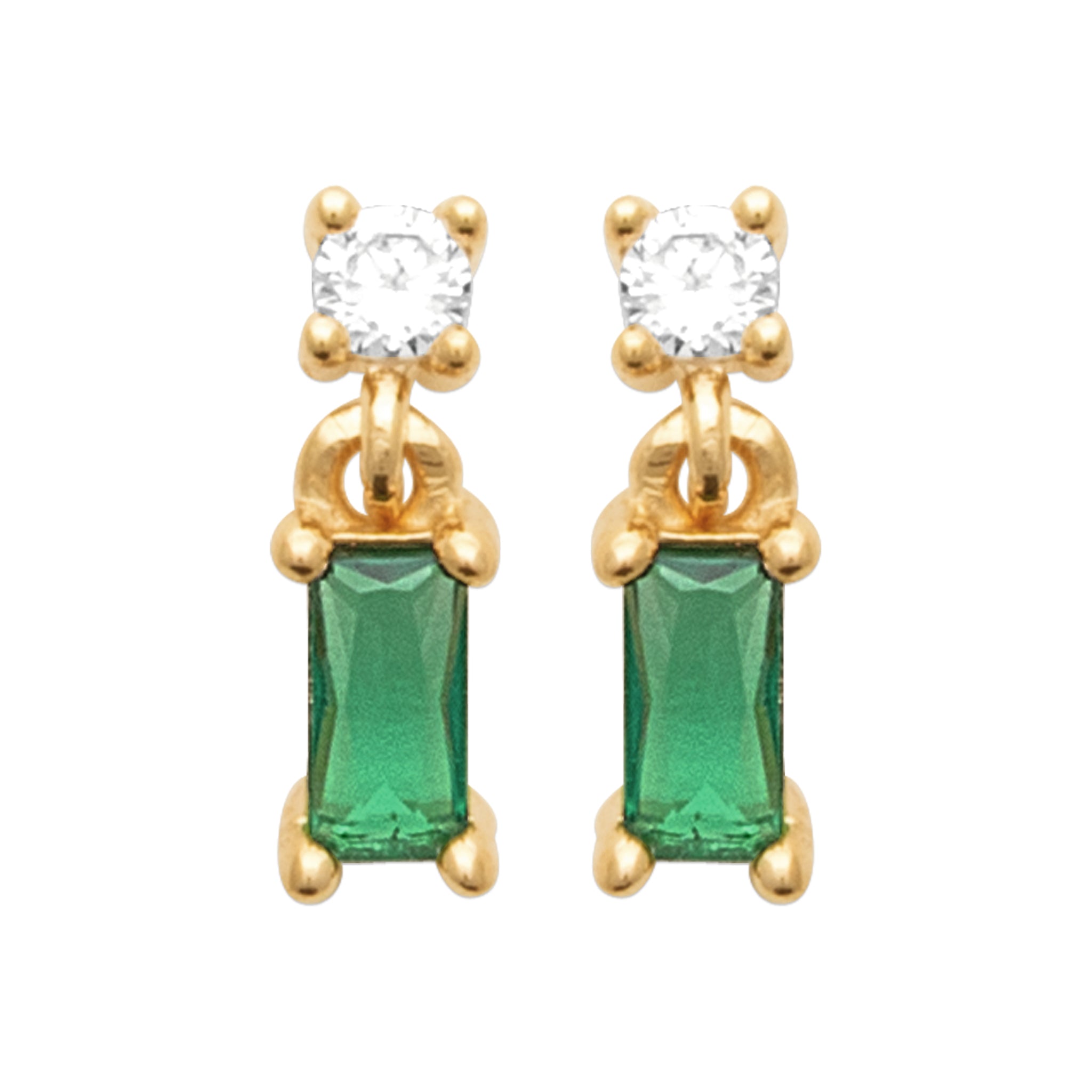 Boucles D'Oreilles Plaqué Or Oxydes Blancs Et Verts Rectangulaires