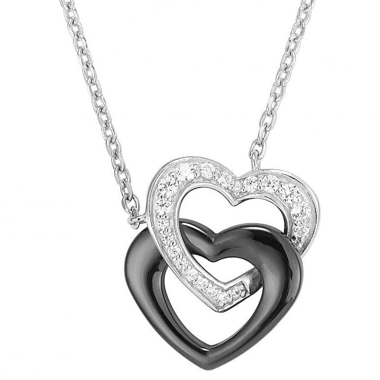 INIMA - Collier double cœur en argent rhodié, céramique noire & oxyde ...