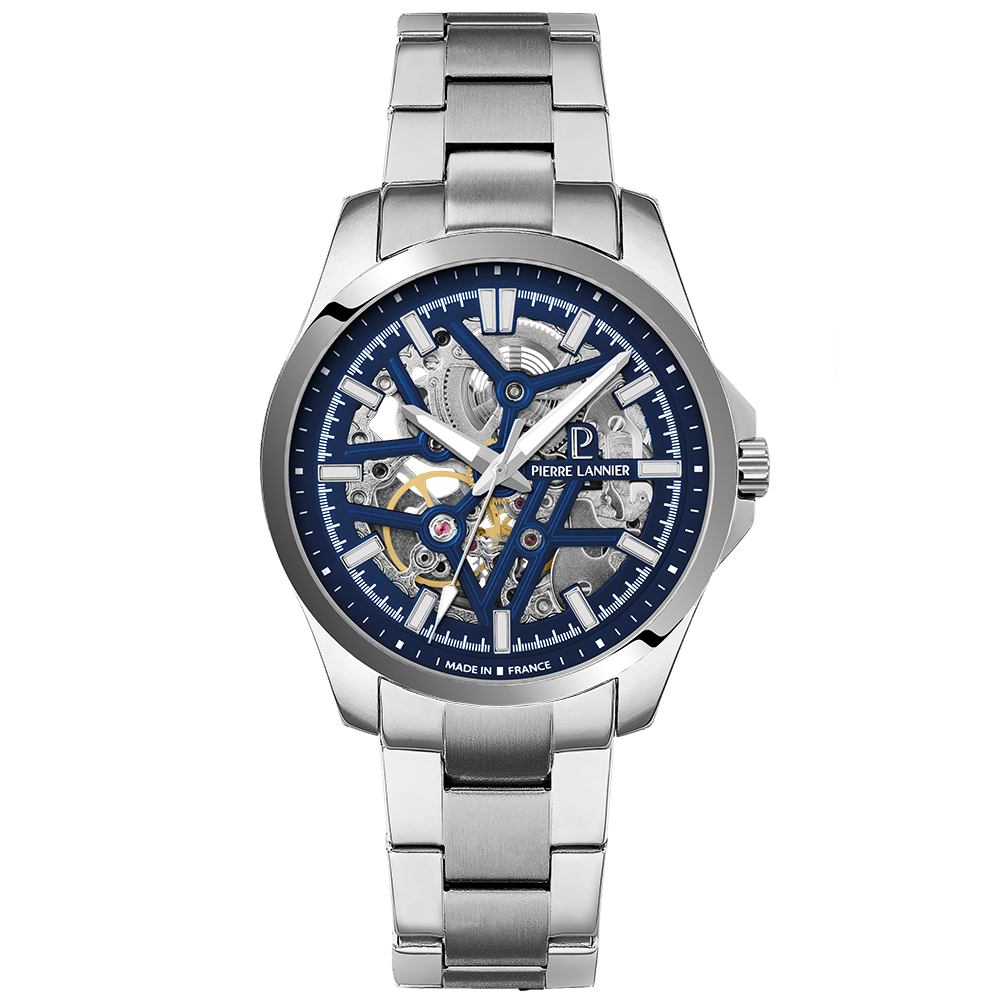 Montre Automatique Homme Skeletom Cadran Bleu Bracelet Acier Argenté 20 mm