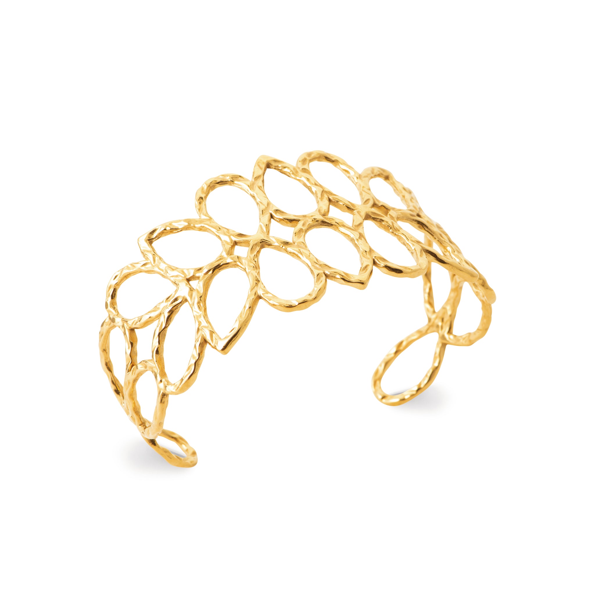 Bracelet jonc ouvert en acier doré avec motifs ovales martelés de diamètre 60 m