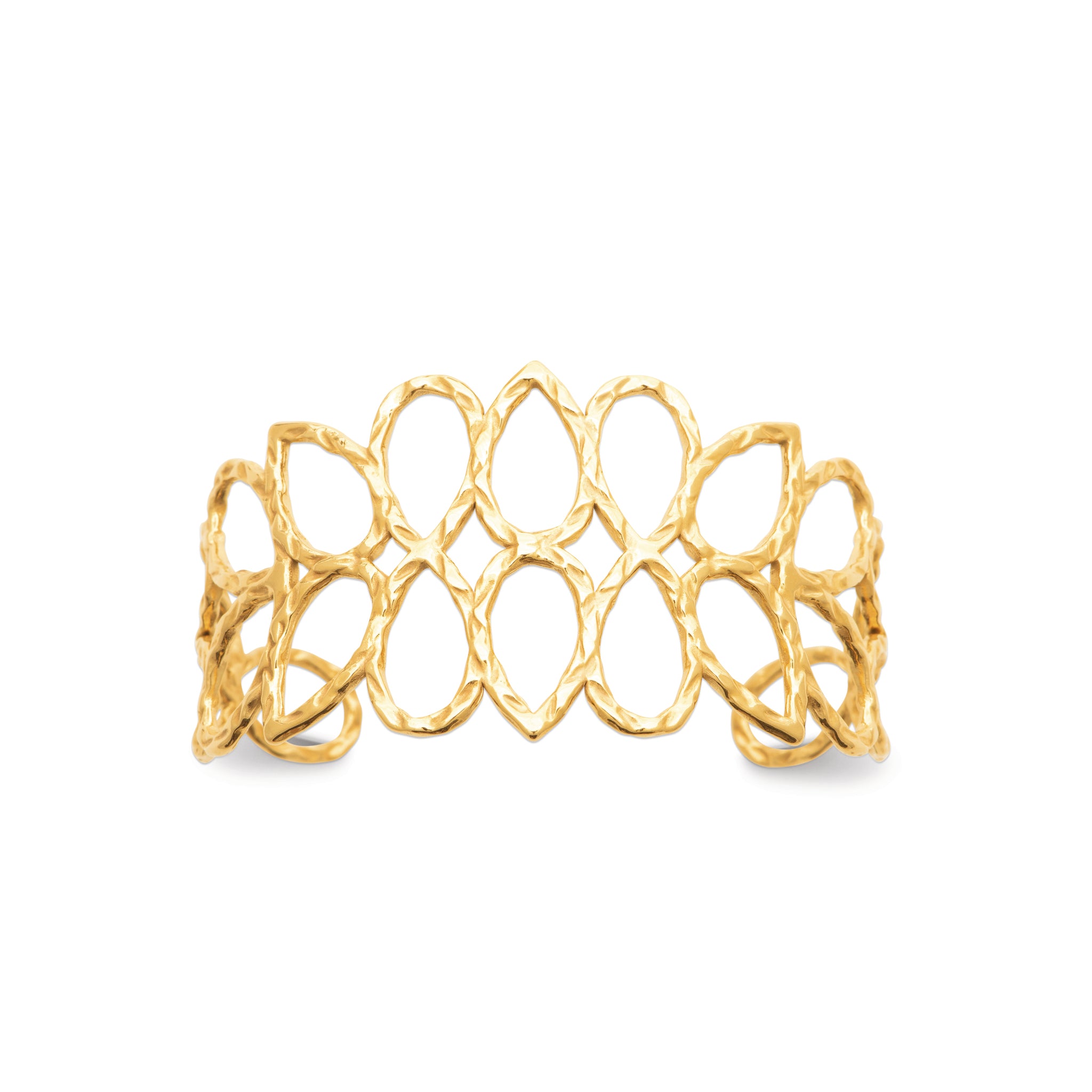 Bracelet jonc ouvert en acier doré avec motifs ovales martelés de diamètre 60 m