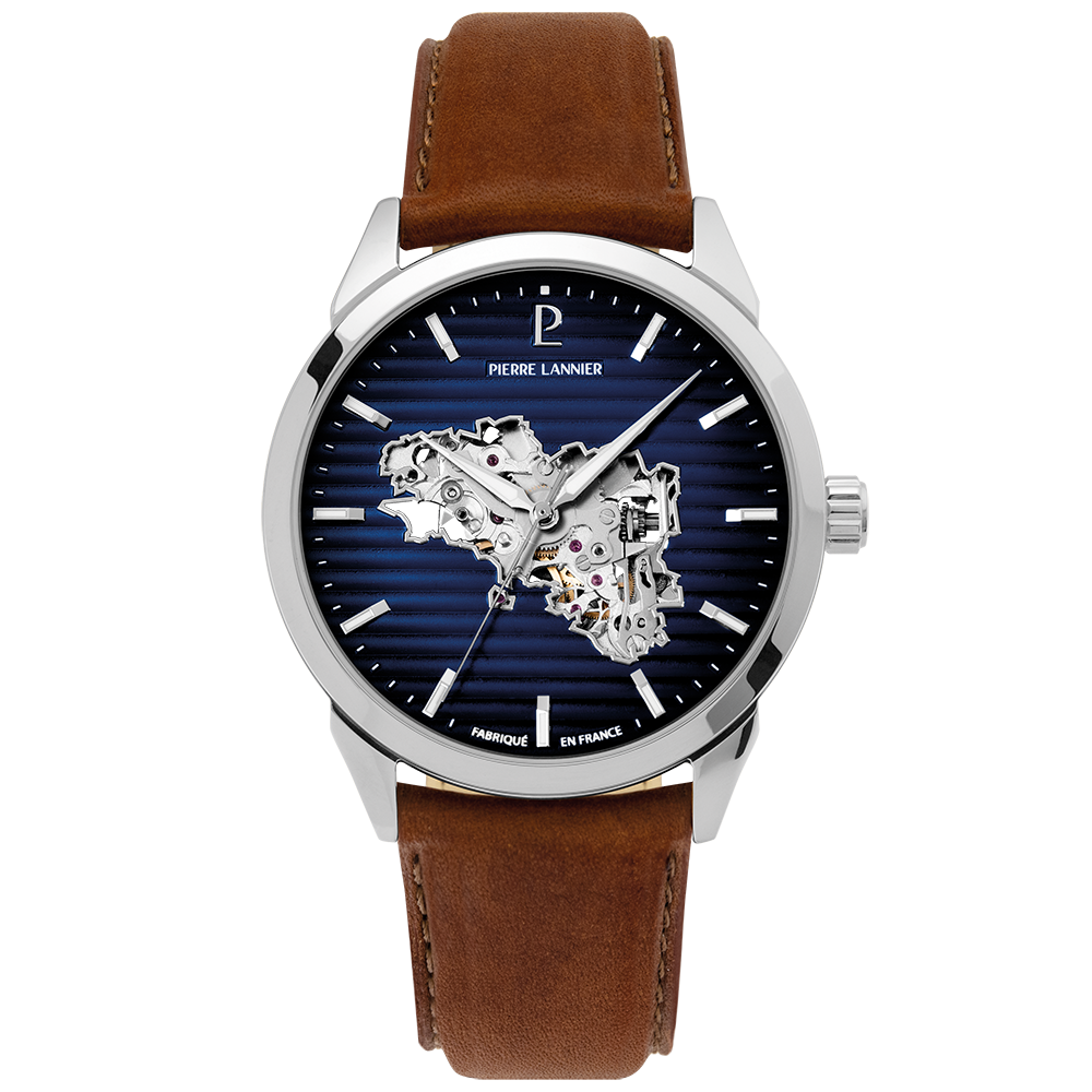 Montre Homme MONARCK Bretagne Argenté Cadran Bleu Bracelet Cuir Brun 22 MM