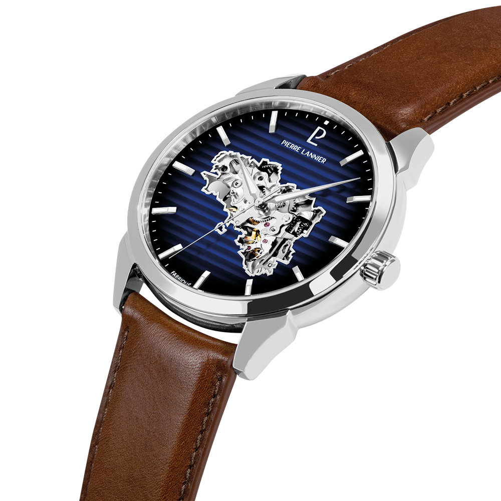 Montre Homme MONARCK Bretagne Argenté Cadran Bleu Bracelet Cuir Brun 22 MM