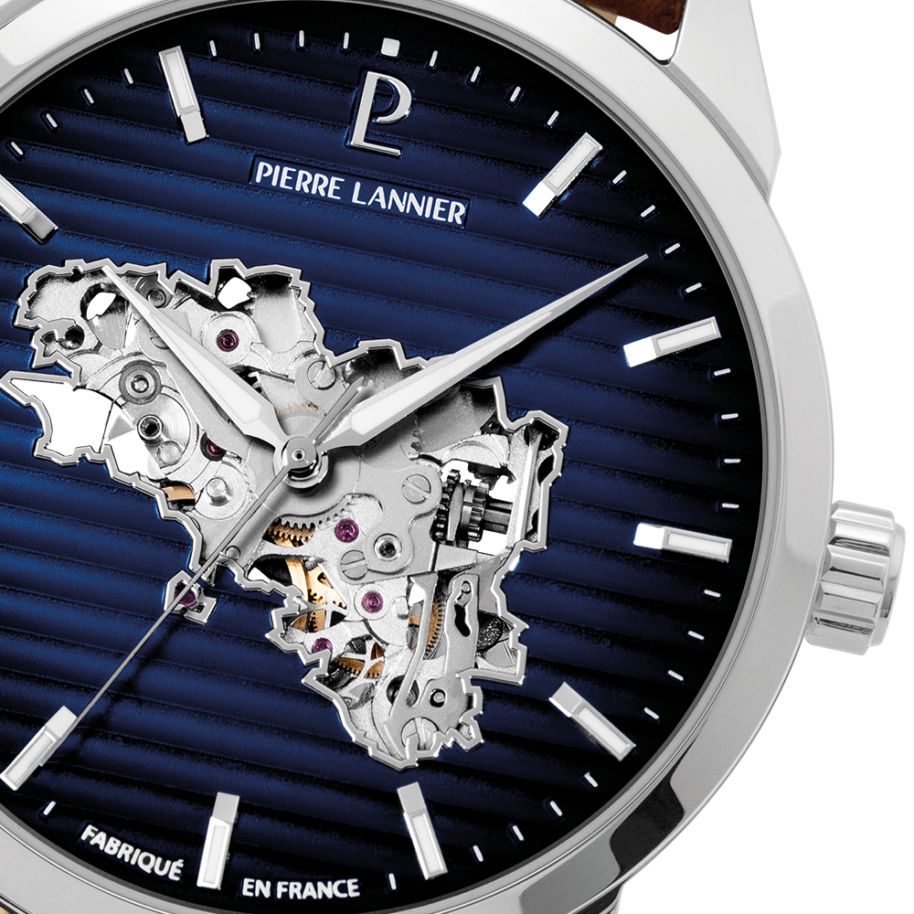 Montre Homme MONARCK Bretagne Argenté Cadran Bleu Bracelet Cuir Brun 22 MM