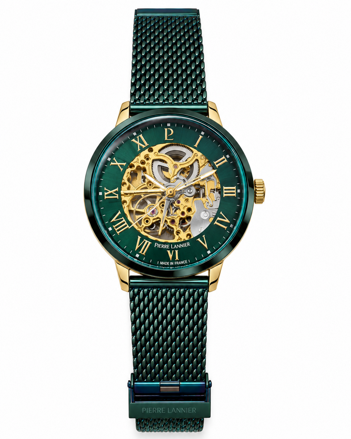 Montre automatique Pierre Lannier 318B279 verte squelette sur fond blanc