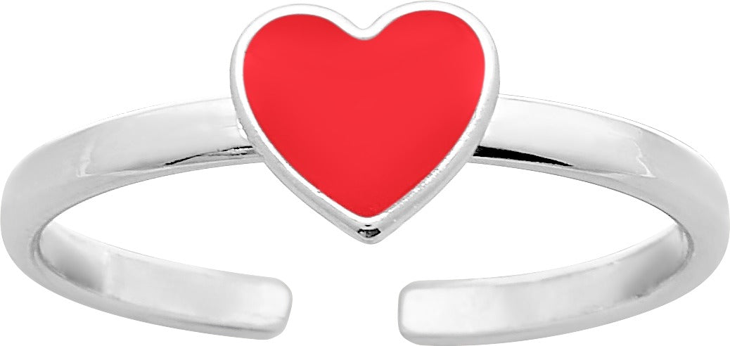Bague pour enfant réglable en argent rhodié 925/1000, coeur en laque rouge