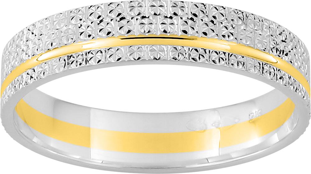 Alliance en or blanc 750/1000 effet diamanté et fin liseré décalé en or jaune