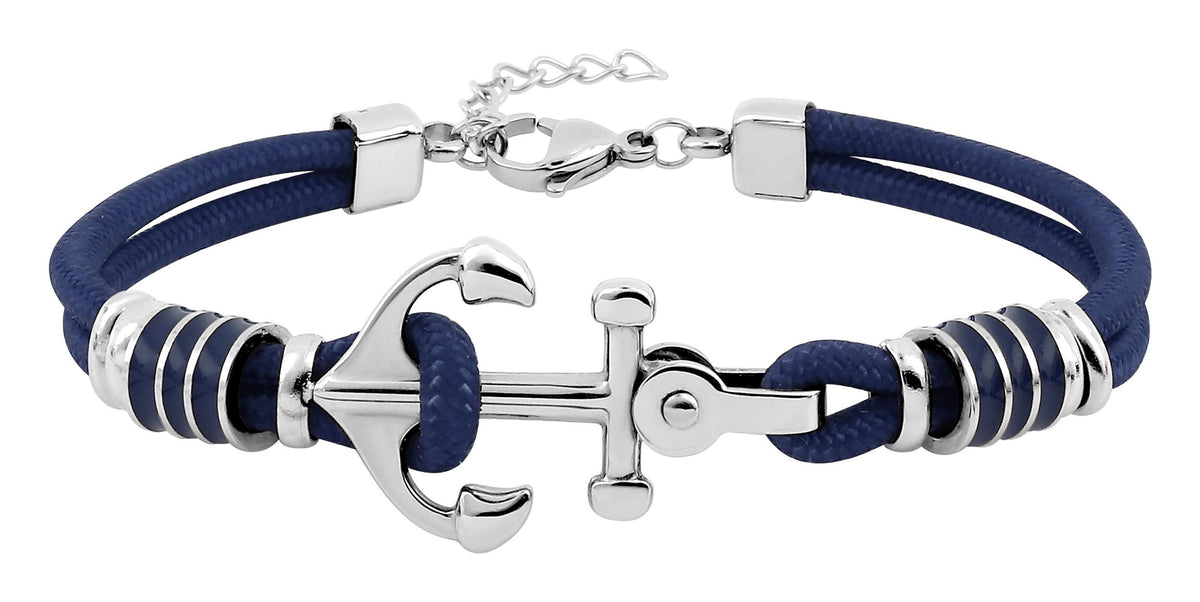 Bracelet en acier et nylon bleu avec ancre de marine, de longueur 18 + 3 cm
