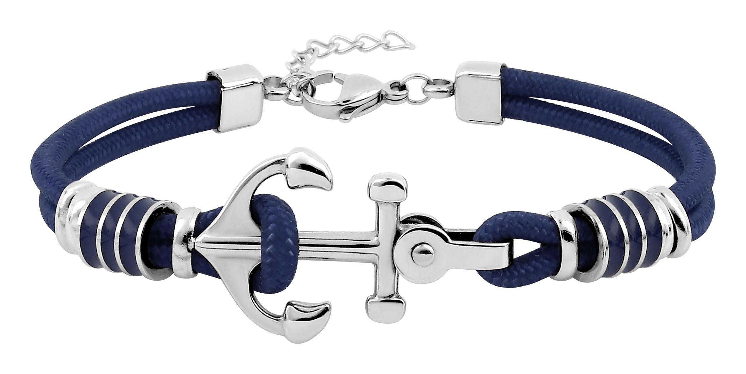 Bracelet en acier et nylon bleu avec ancre de marine, de longueur 18 + 3 cm