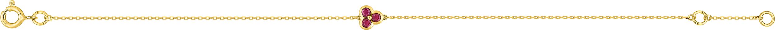 Bracelet en or jaune 375 avec trois rubis ronds sertis clos de longueur 18 cm