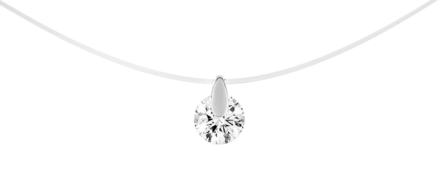 Collier fil nylon de 42 cm avec fermoir en or blanc 375/1000 et oxyde de zirconium rond
