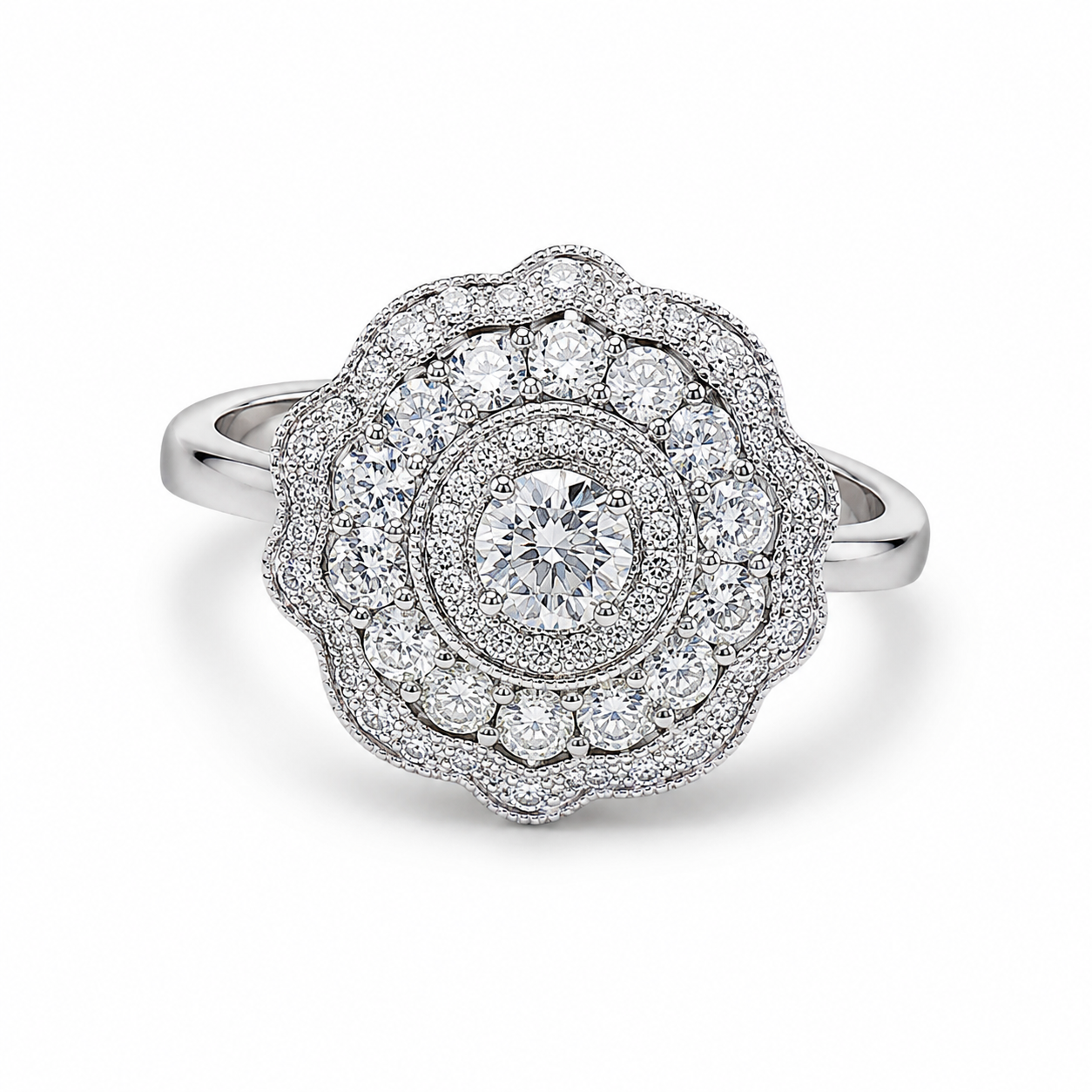 Bague Or Blanc 750 Avec Plateau Rond Pavé De Diamants GH SI Pour 0,80 Carats