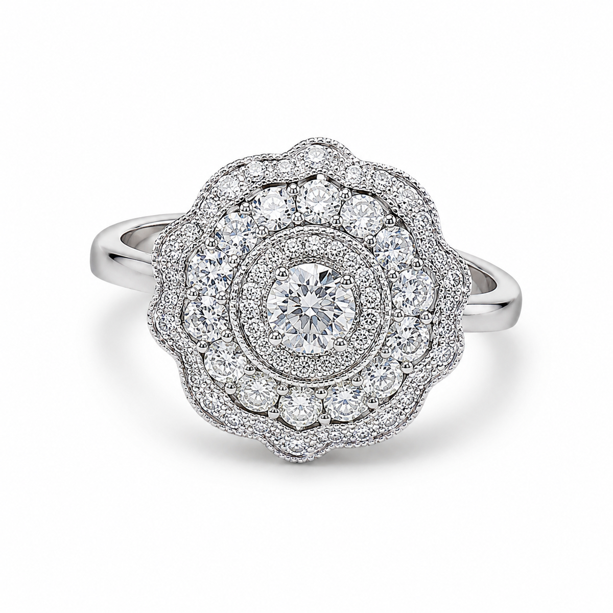 Bague Or Blanc 750 Avec Plateau Rond Pavé De Diamants GH SI Pour 0,80 Carats