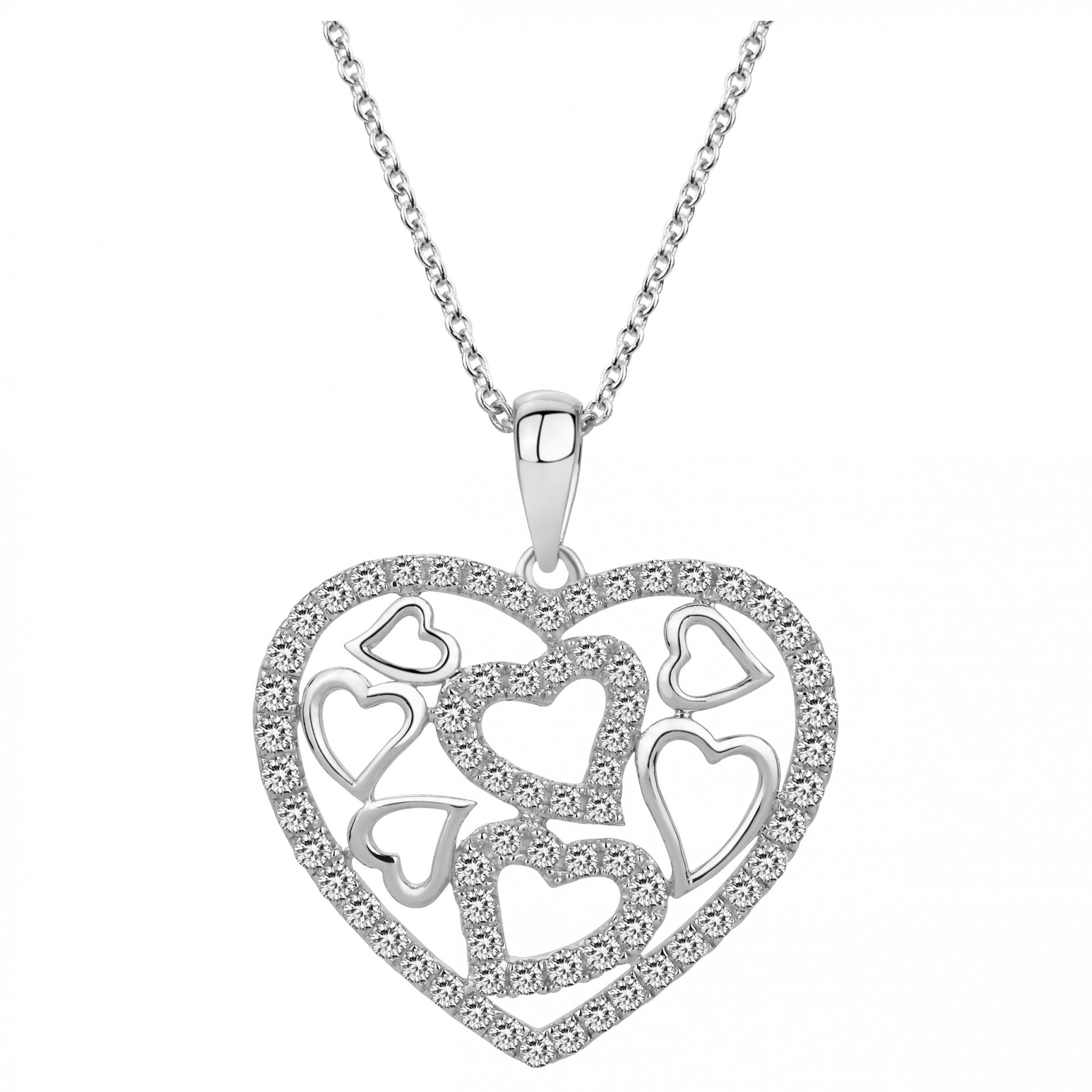 Collier en argent rhodié avec un pendentif en forme de coeur rempli de petits coeurs dont deux sertis d'oxydes