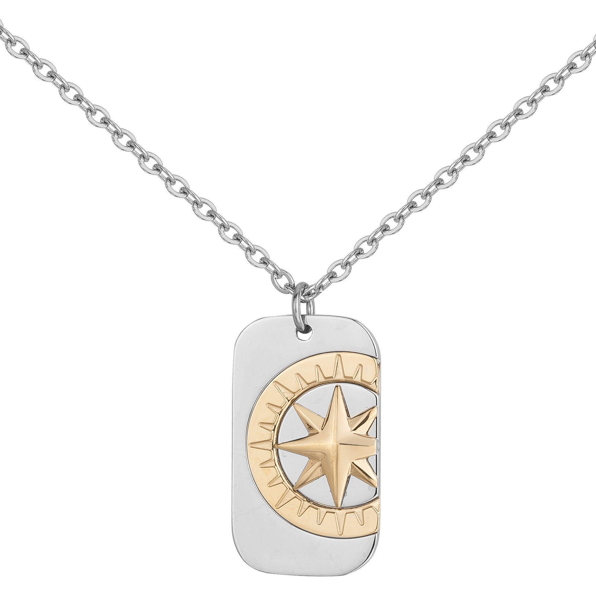 Collier en acier avec plaque arrondie etg rose de vents drée