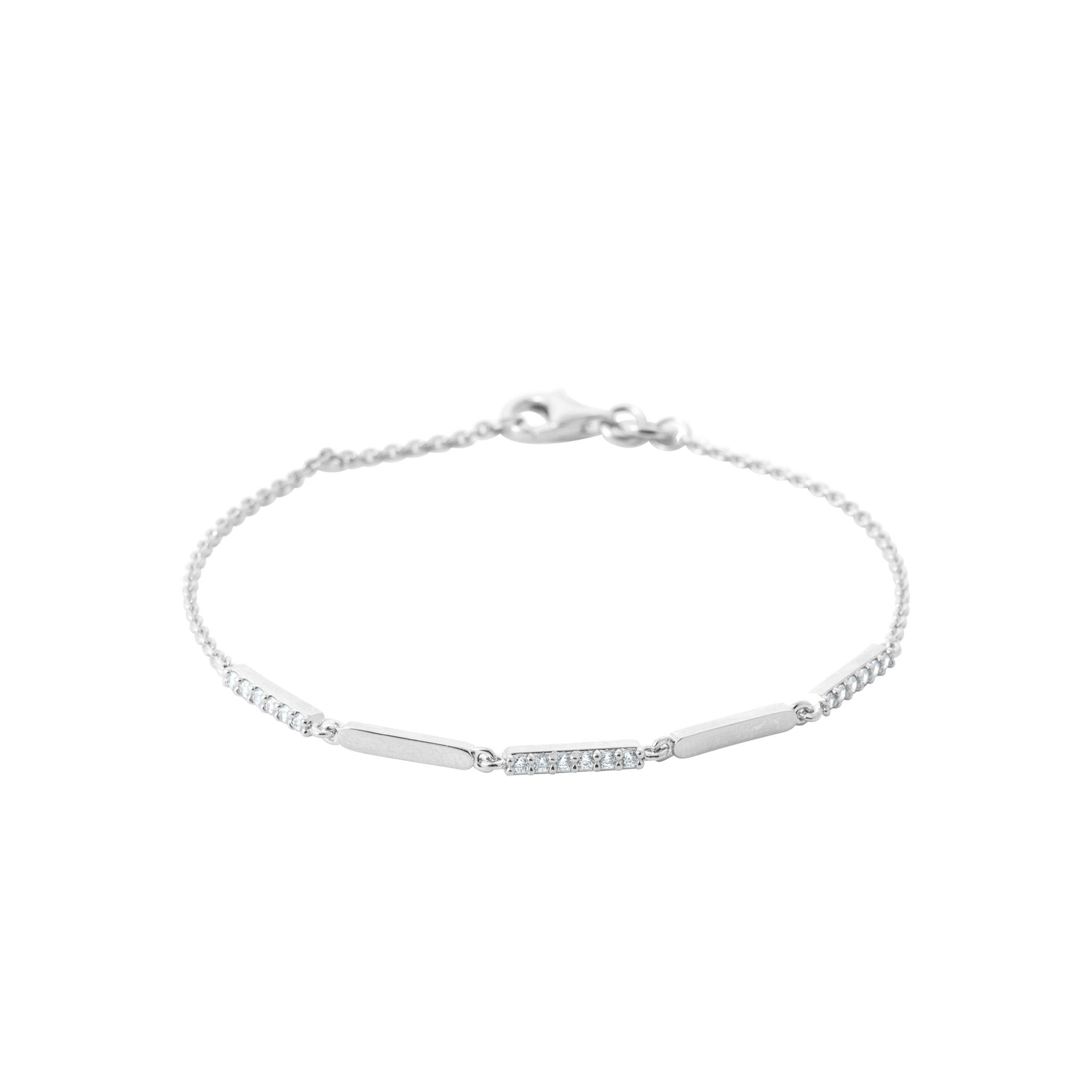 Bracelet en argent rhodié alternance de barres polies et de barres serties d'OZ