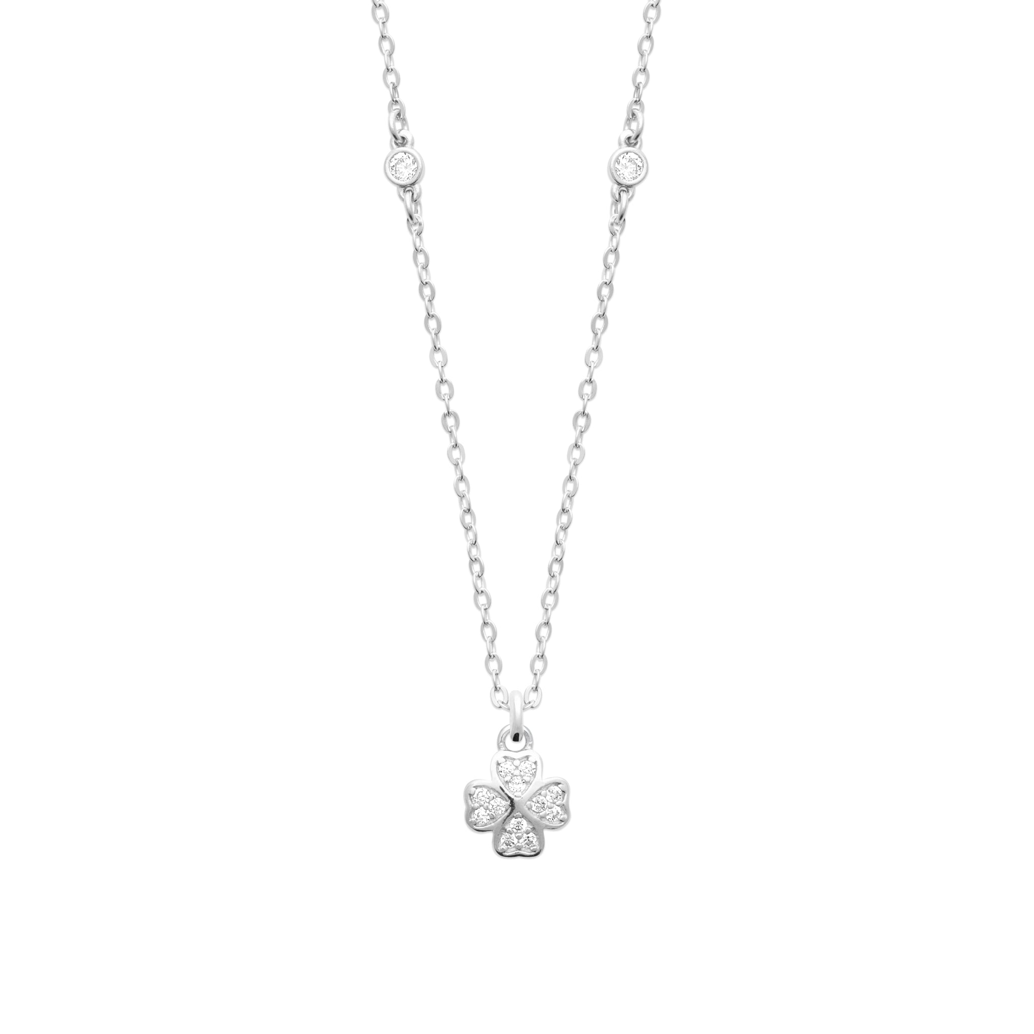 Collier en argent rhodié avec trèfle pavé d'oxydes