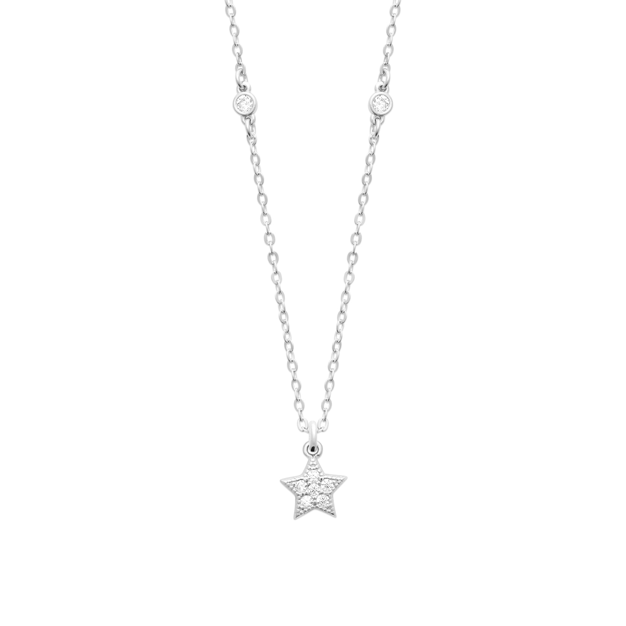 Collier Argent Rhodié Étoiles Pavées D'Oxydes Et 2 Oxydes Clos Sur Chaîne