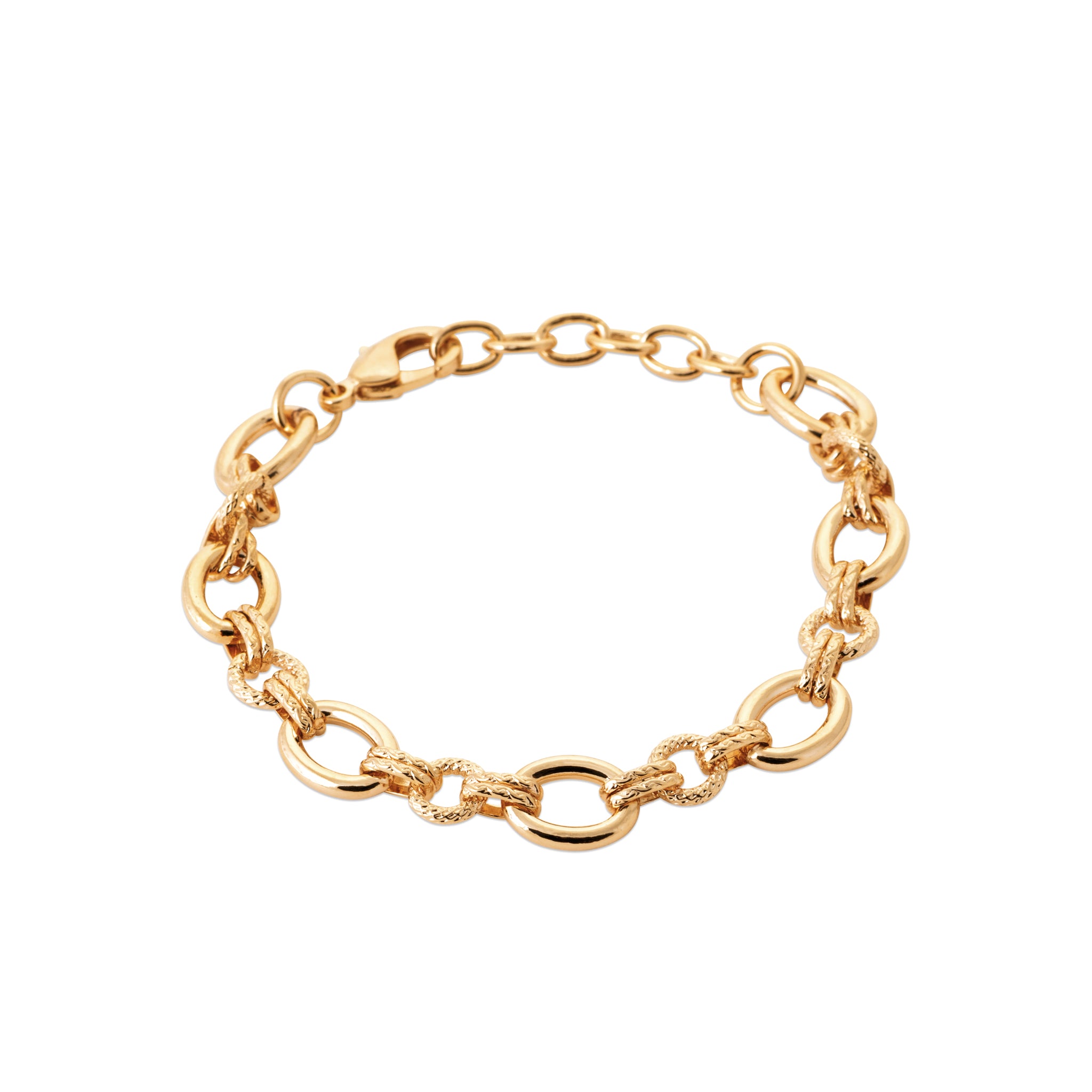 Bracelet en plaqué or jaune maillons ovales + ronds diamantés 18 cm