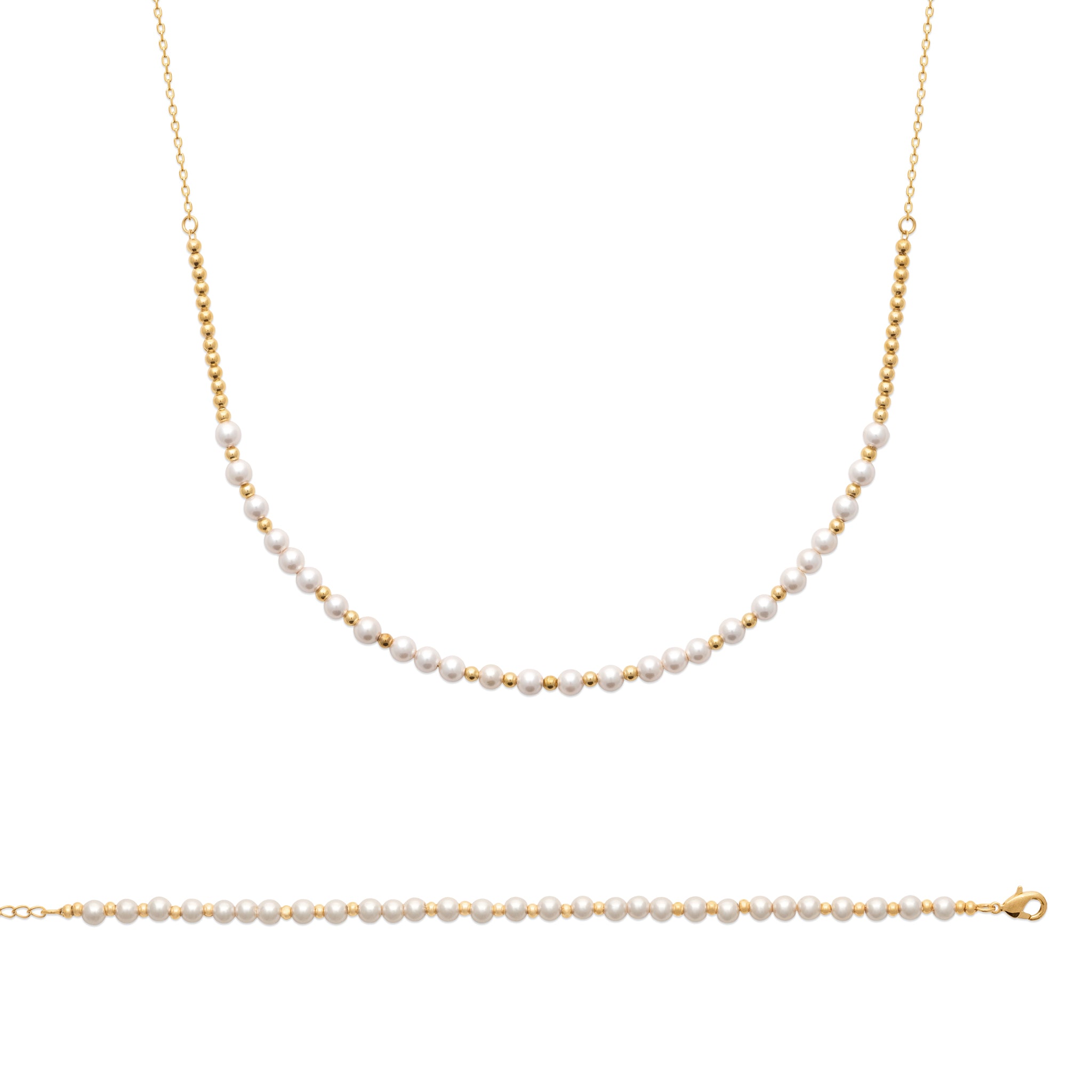 Collier en plaqué or avec alternance de perles d'imitation et de billes dorées
