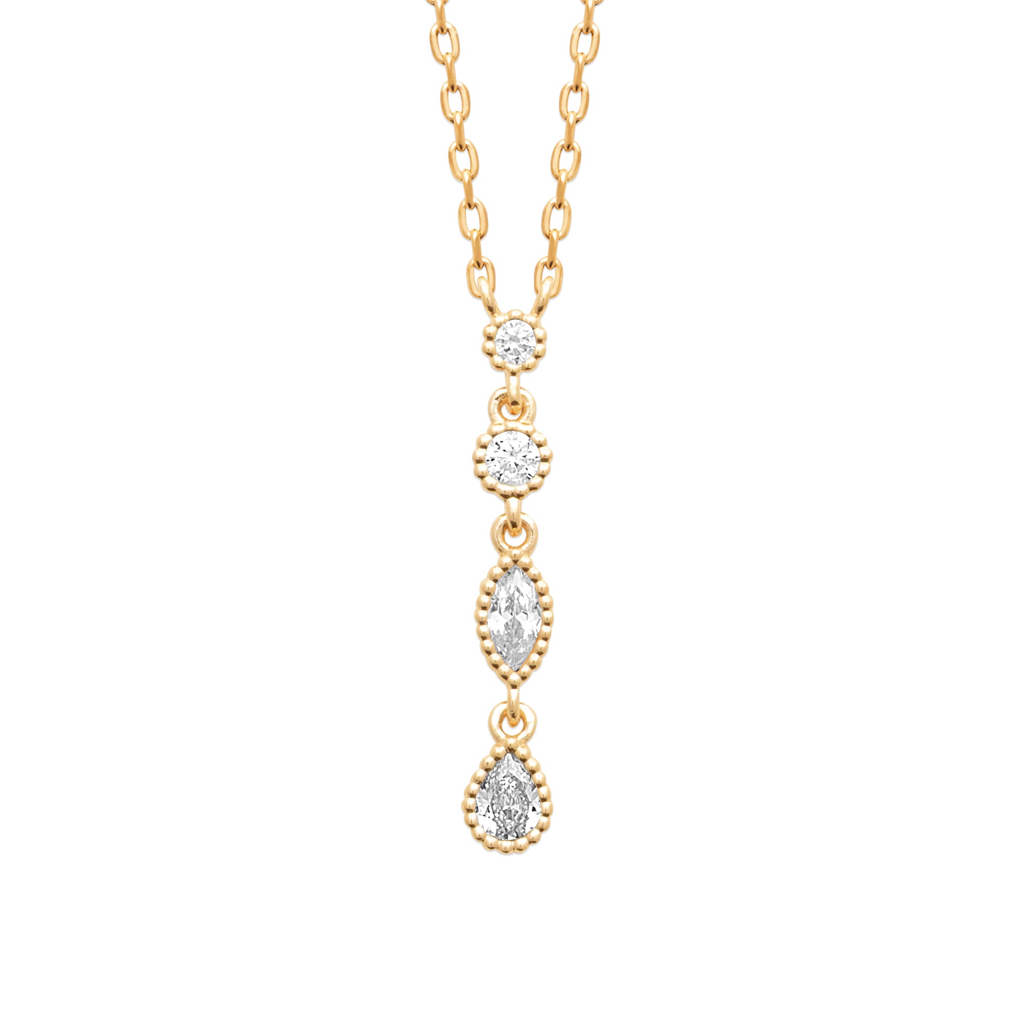 Collier Plaqué Or Jaune Avec Pendant Quatre Oxydes de zirconium Perlées