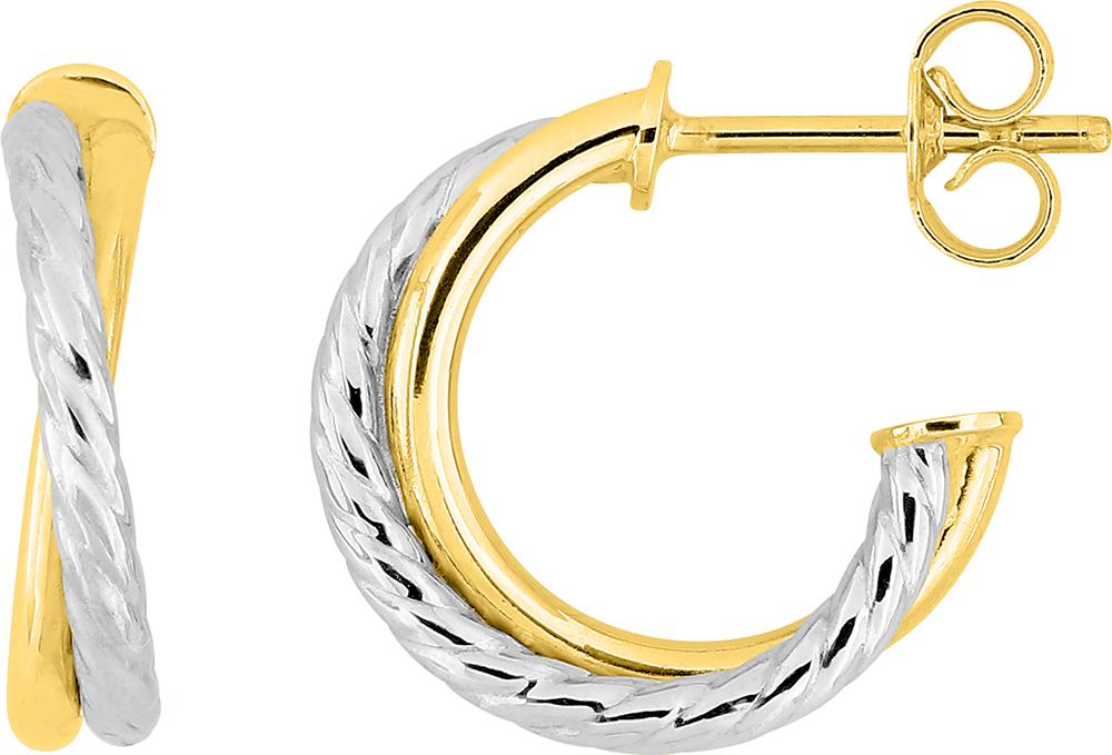 Demi-créoles en or jaune 375/1000 et rhodium partie blanche torsadée, diamètre 10 mm