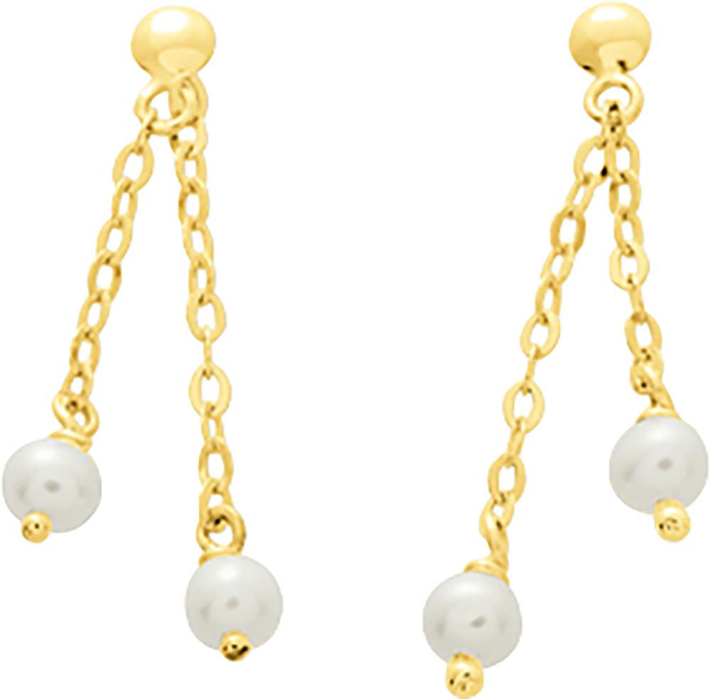 Boucles d'oreilles en or jaune 375/1000 avec deux chainettes et perles de culture 3 mm