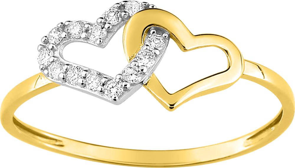 Bague en or jaune 375 et rhodium en forme de coeurs, dont un coeur pavé d'oxydes blancs