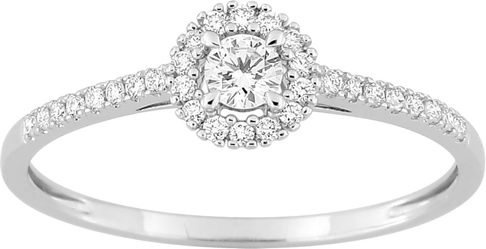 Bague en or blanc 375/1000 et diamants de synthèse F-VS 0.22 carats centre 0.10 carats