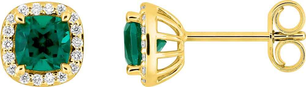 Boucles d'oreilles en or jaune 375/1000, émeraudes de synthèse centre coussin et diamants de synthèse F-VS 0.11 carats