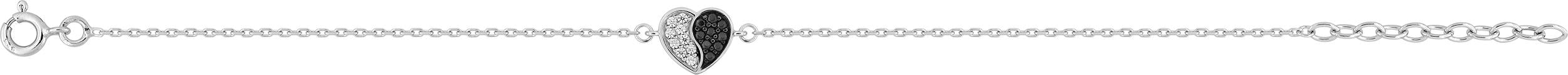 Bracelets en argent rhodié 925 avec coeur serti d'oxydes de zirconium blancs et noirs, longueur 16 + 3cm