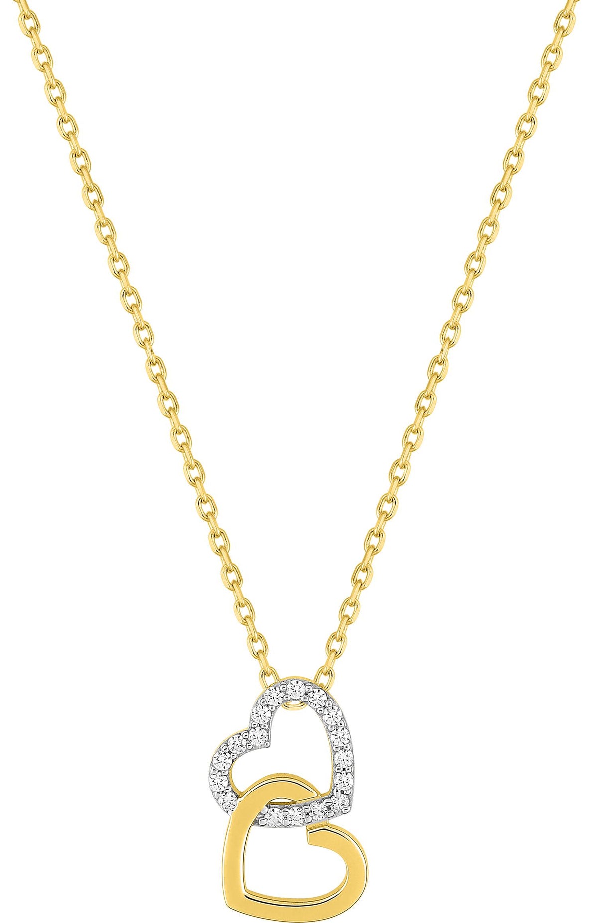 Collier en plaqué or 2 coeurs entrelacés dont un serti d'oxydes blancs